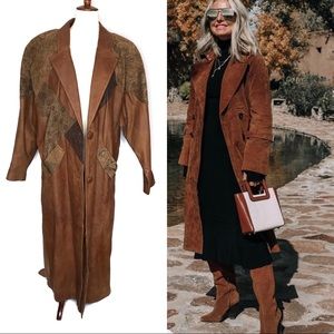 Vintage Boho Hippie Brown Leather Patchwork Trench Coat